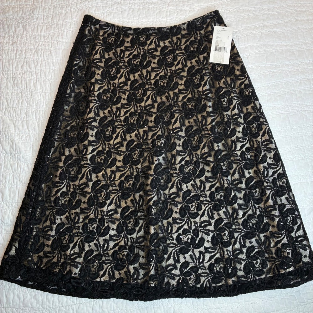 NEW Mix by Tahari Black Floral Lace Sequin Midi Skirt A-Line Womens 6 elevated